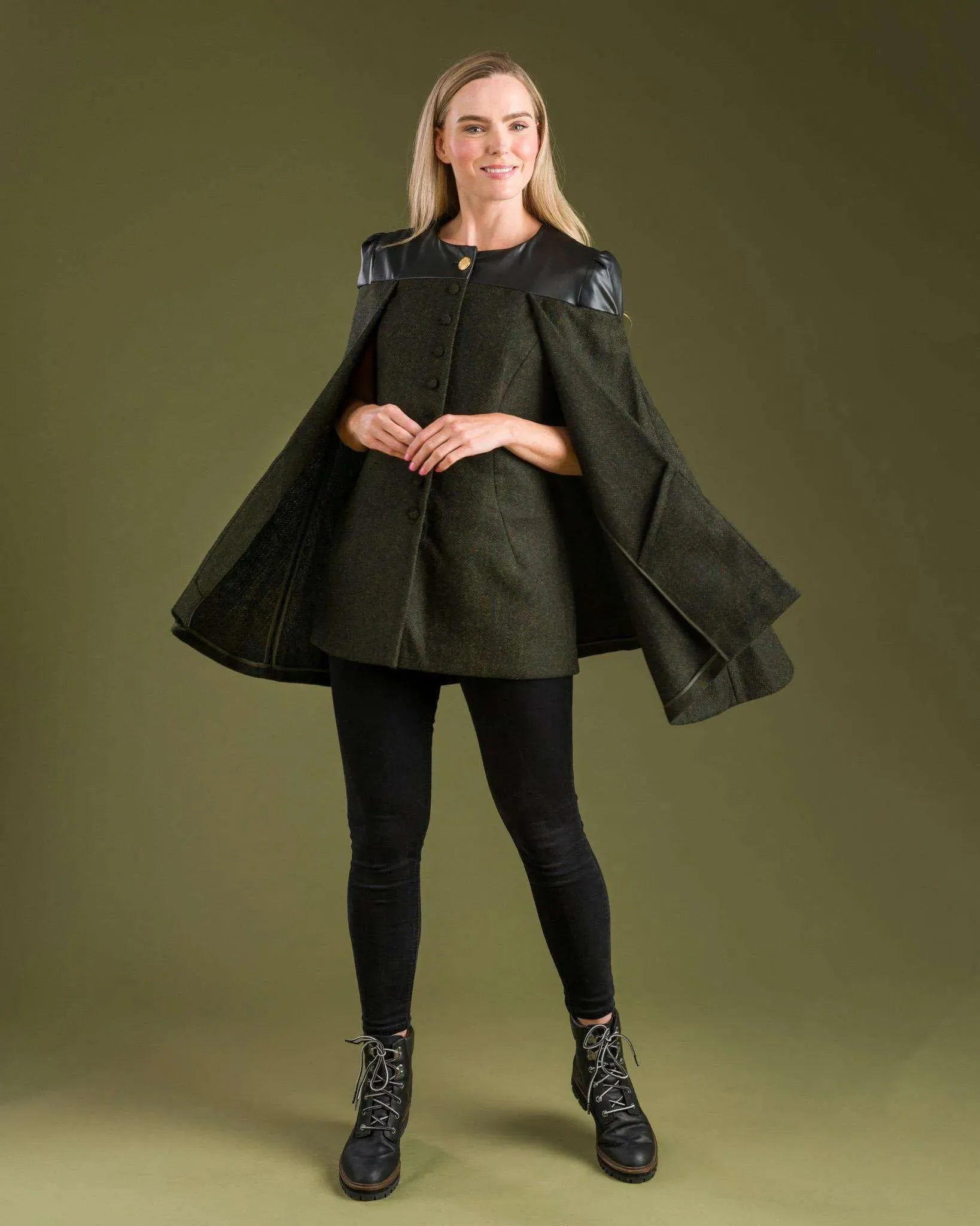 Aisling Tailored Cape - Deep Green Herringbone