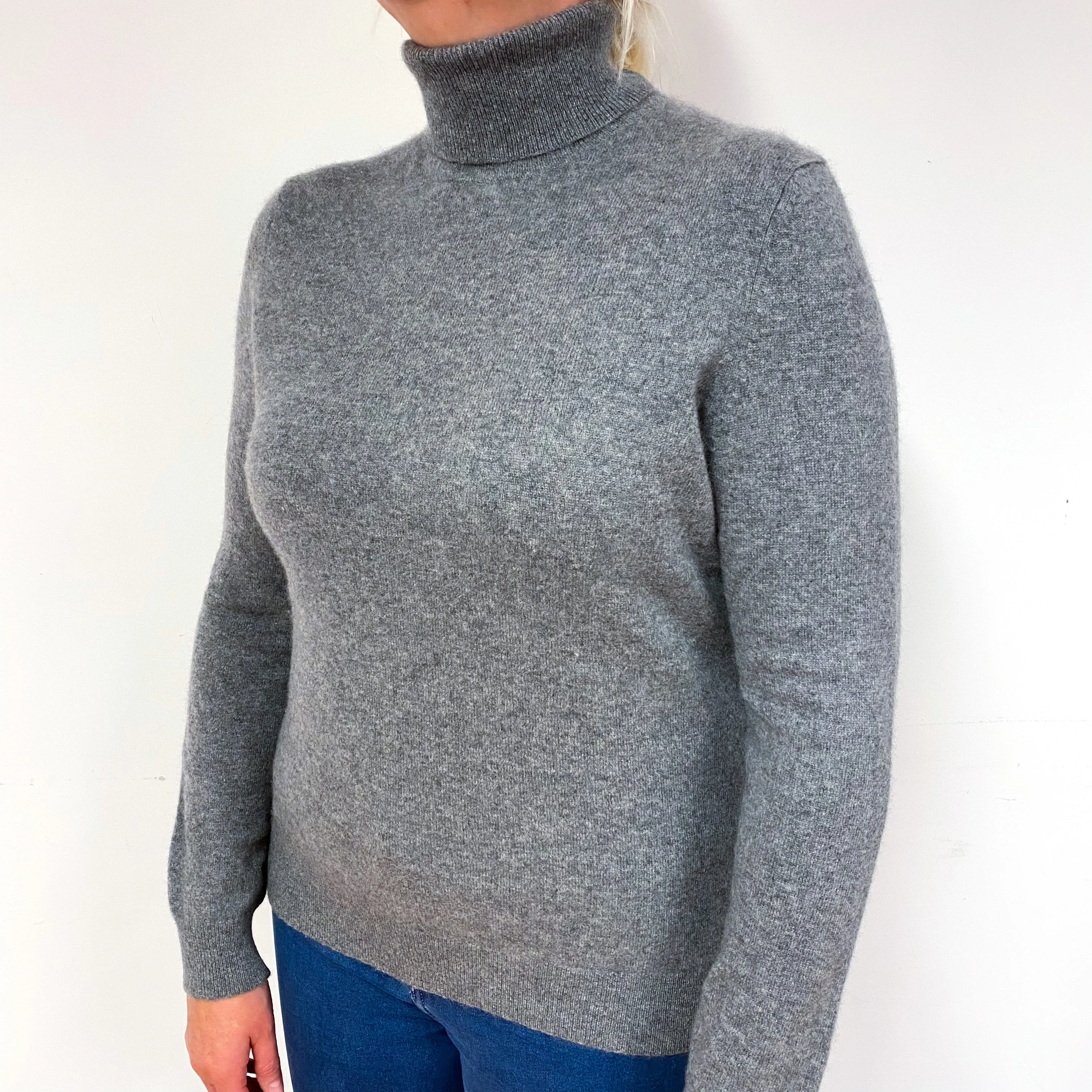 Ash Grey Cashmere Polo Neck Jumper Large