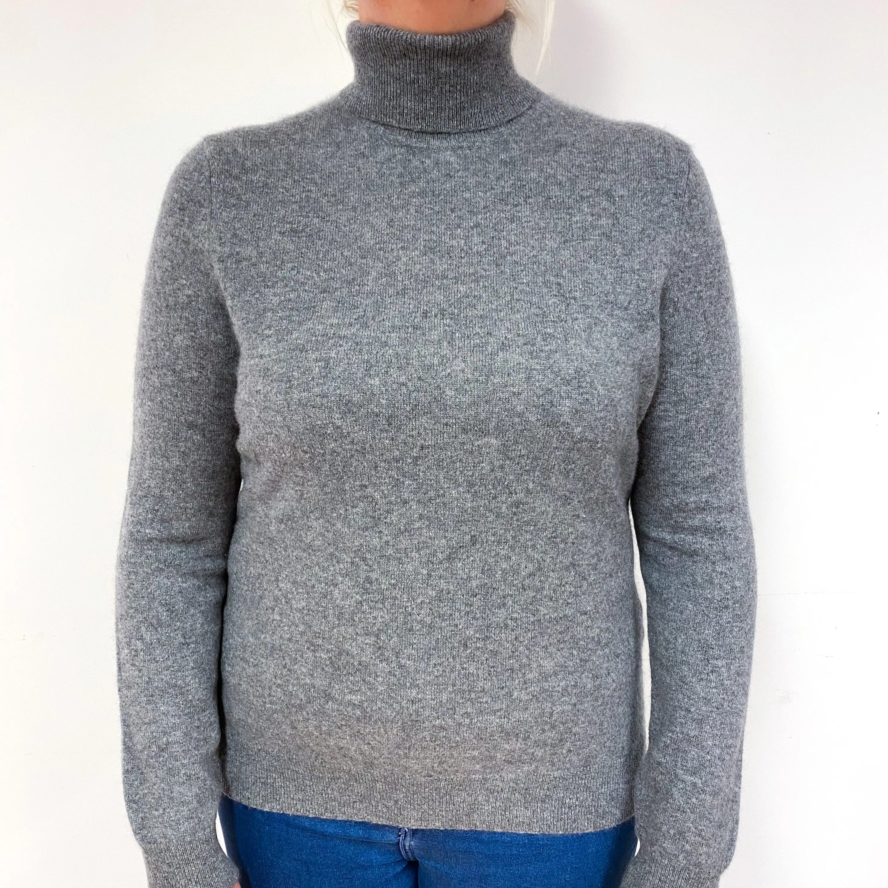 Ash Grey Cashmere Polo Neck Jumper Large