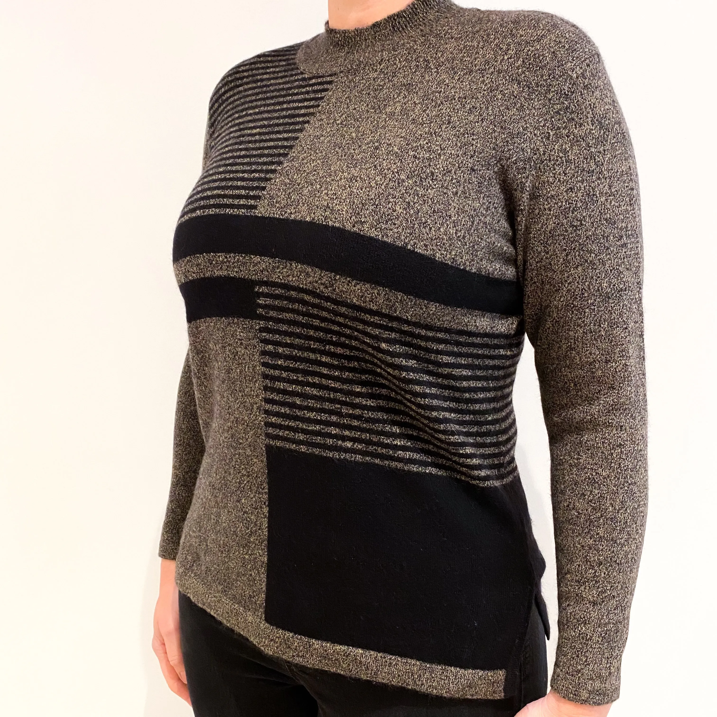 Black and Camel Brown Marl Knit Design Cashmere Turtle Neck Jumper Large