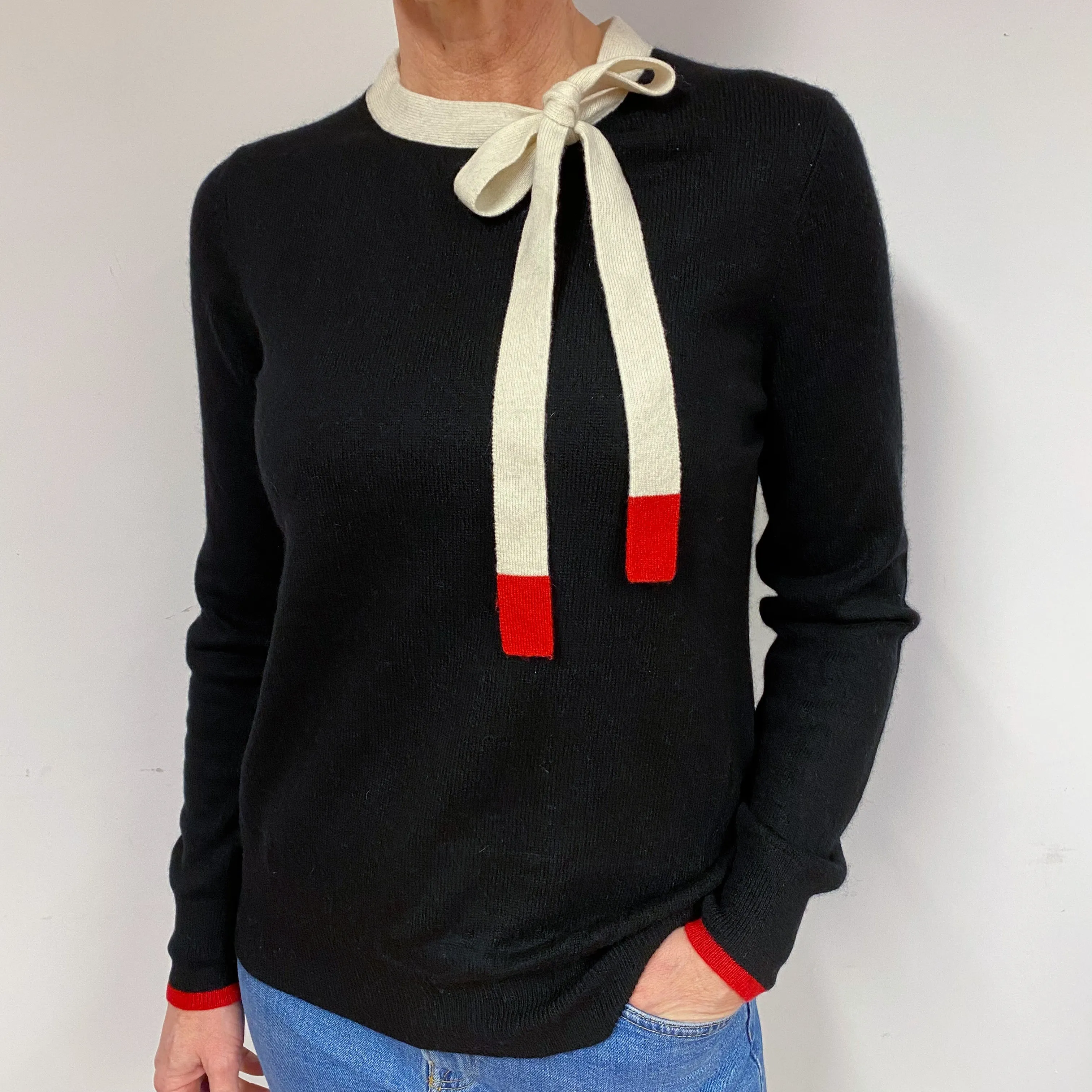 Black and Cream Cashmere Neck Tie Jumper Medium