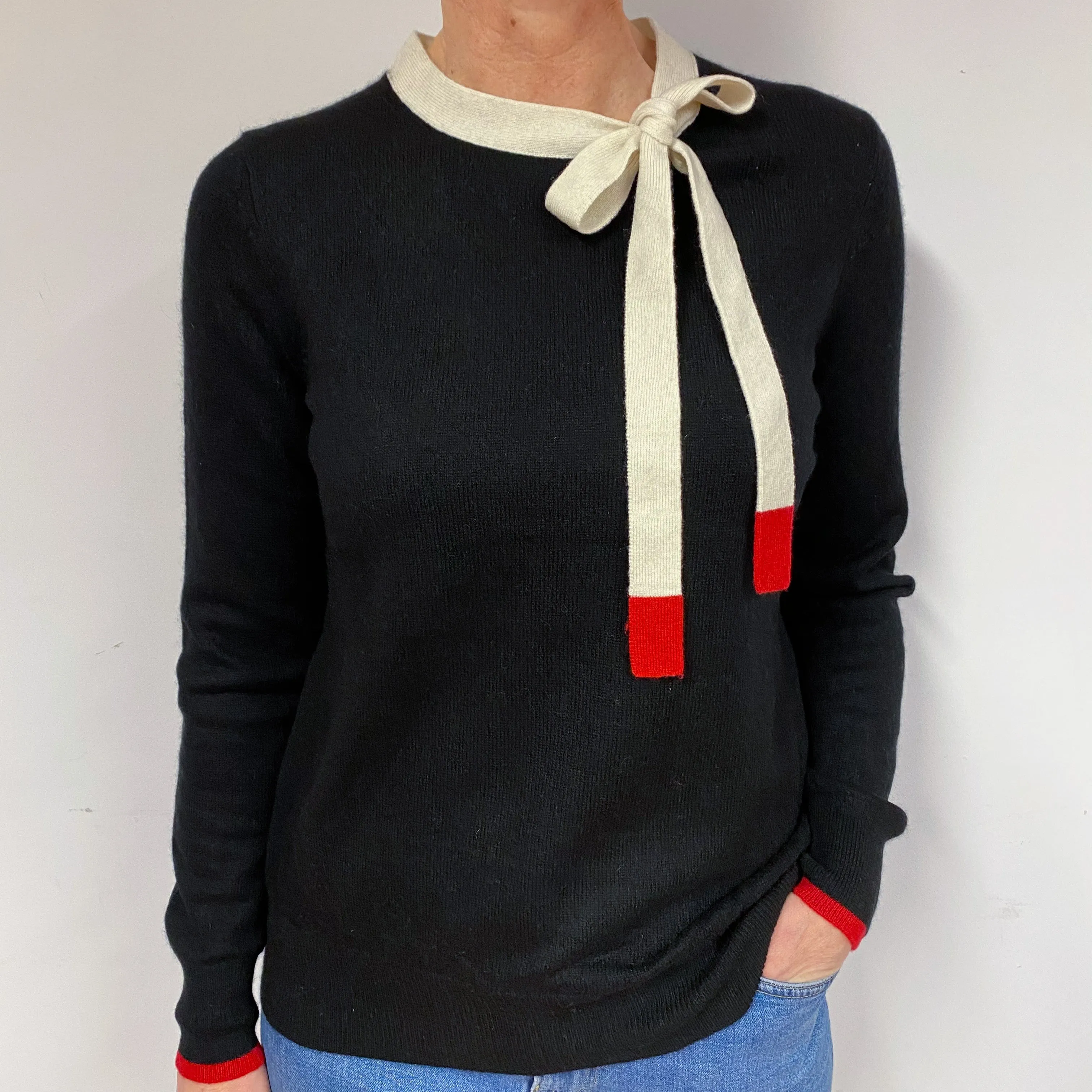 Black and Cream Cashmere Neck Tie Jumper Medium