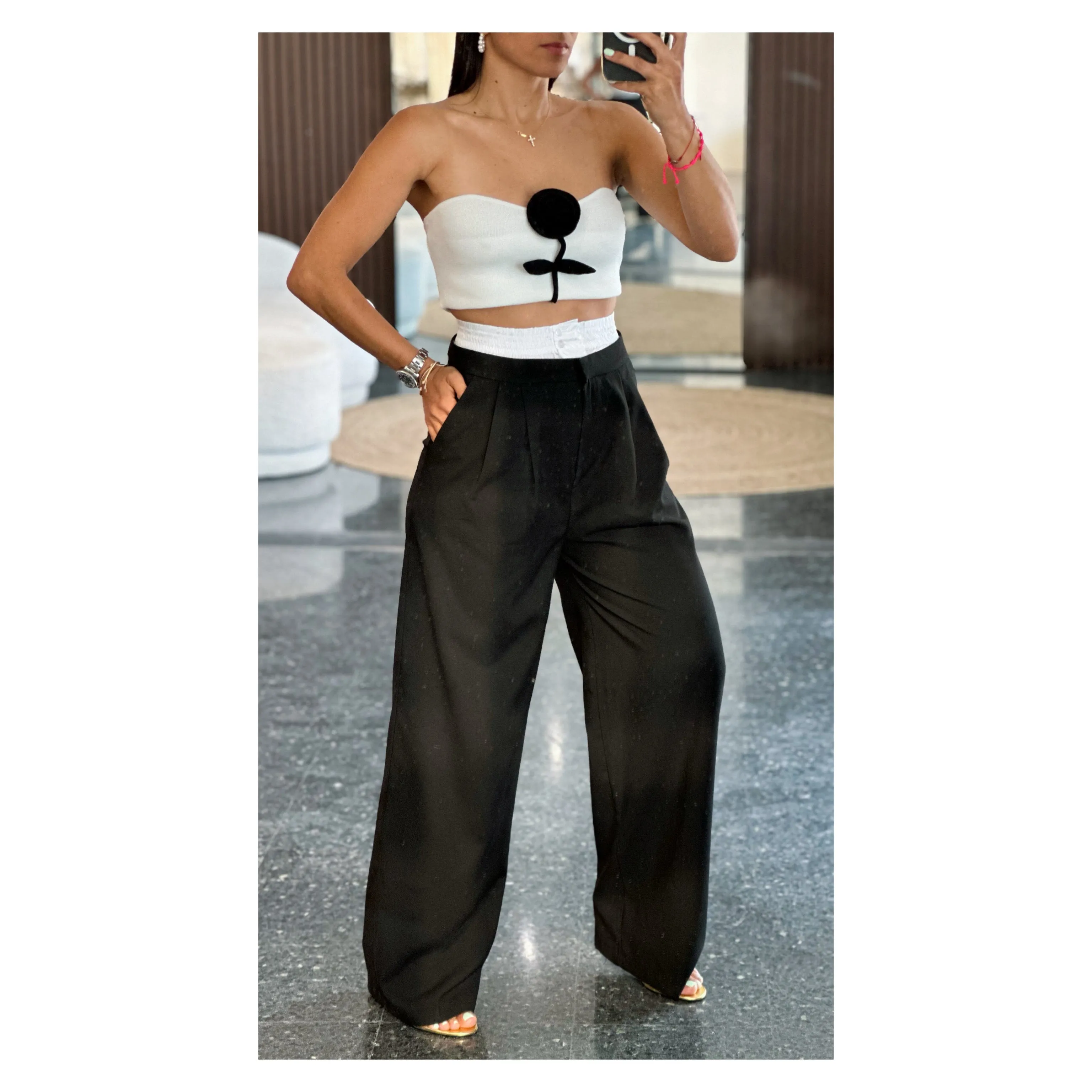 BLACK PANTS WITH WHITE WAISTBAND