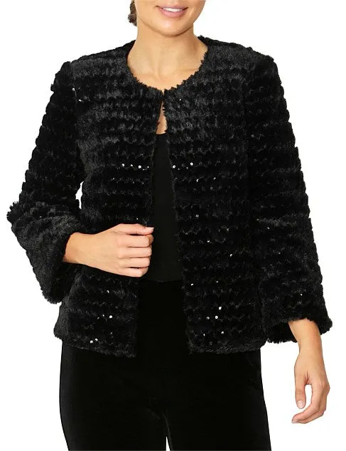 Black Sequin Faux Fur Jacket IA17202-CLEARANCE