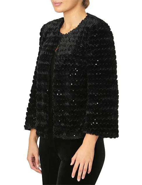 Black Sequin Faux Fur Jacket IA17202-CLEARANCE