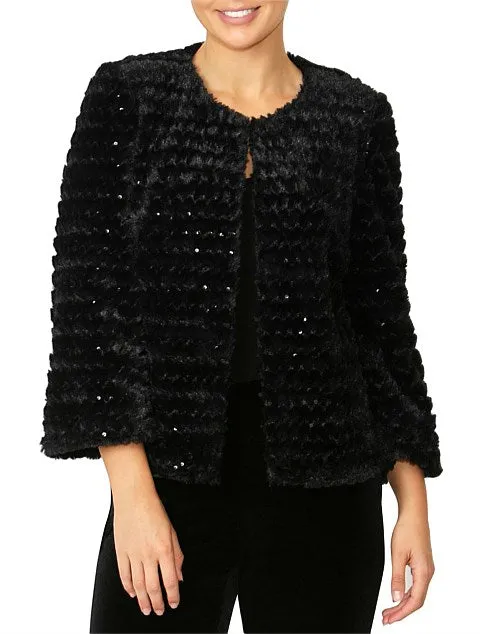 Black Sequin Faux Fur Jacket IA17202-CLEARANCE