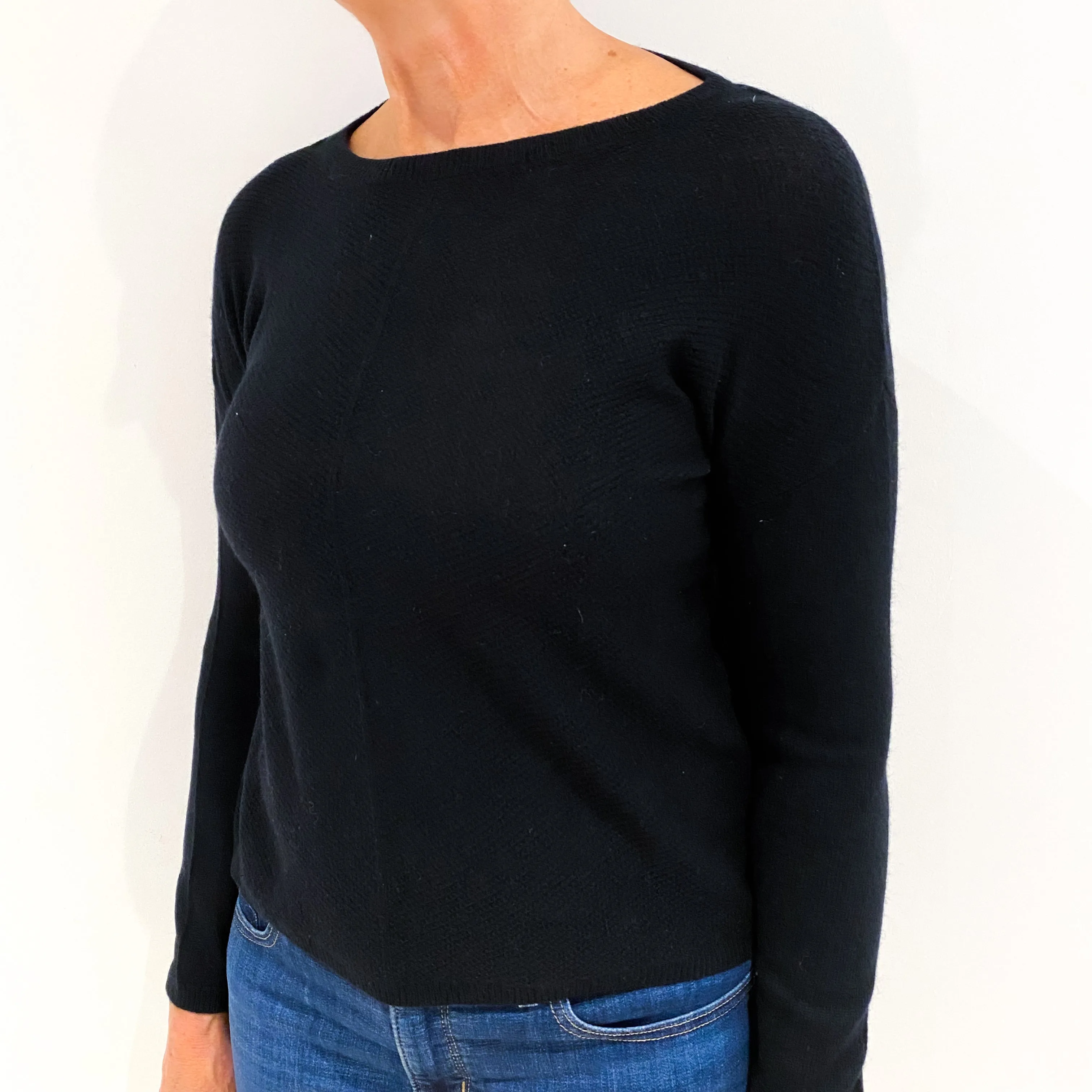 Black Textured Knit Cashmere Crew Neck Jumper Medium