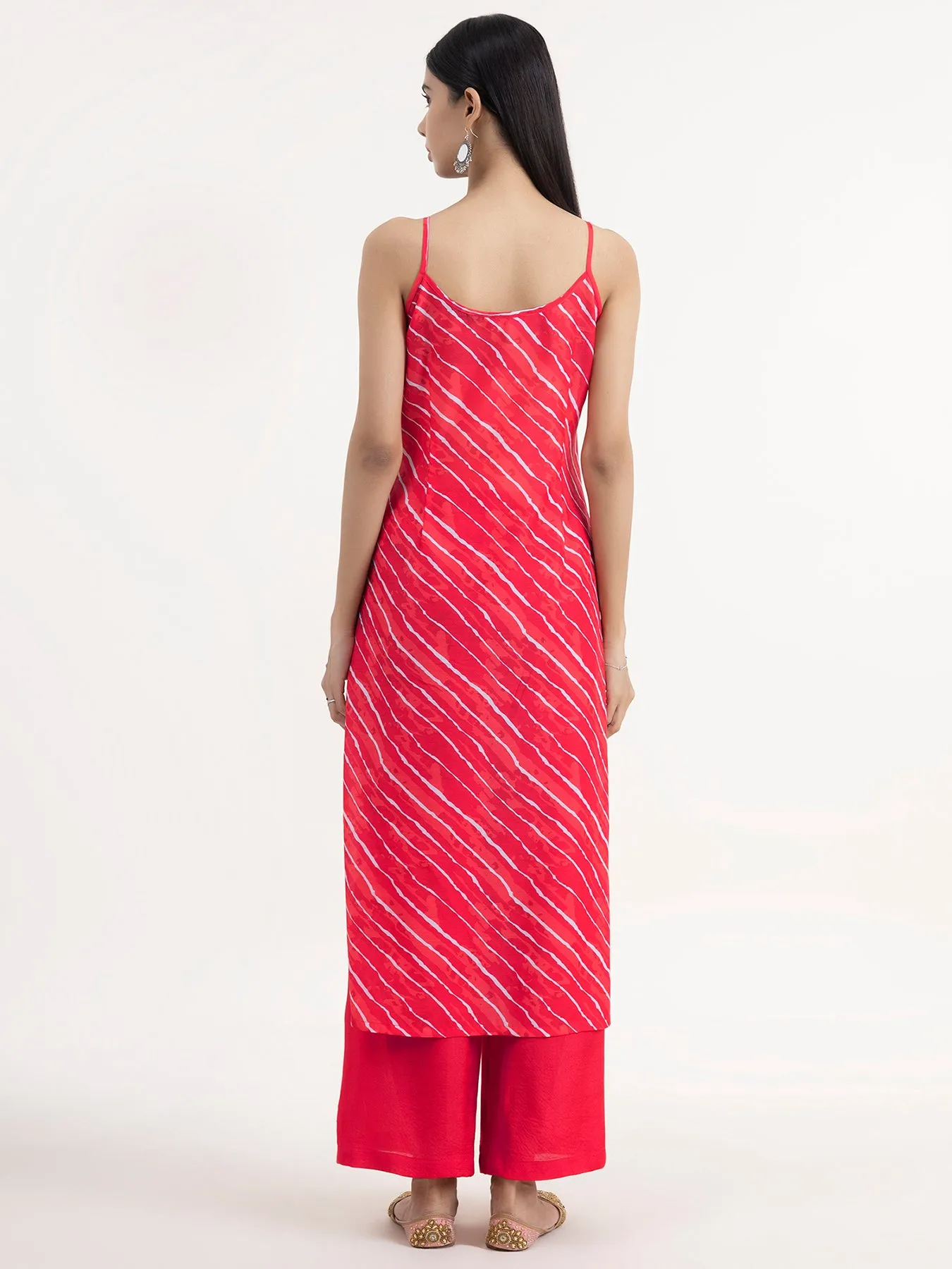 Chanderi Leheriya Kurta Set With Dupatta - Red