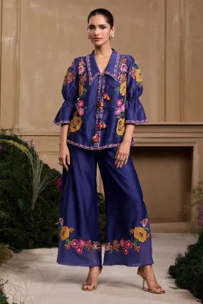 Cobalt Blue Floral Applique Tie-Up Shirt And Pant
