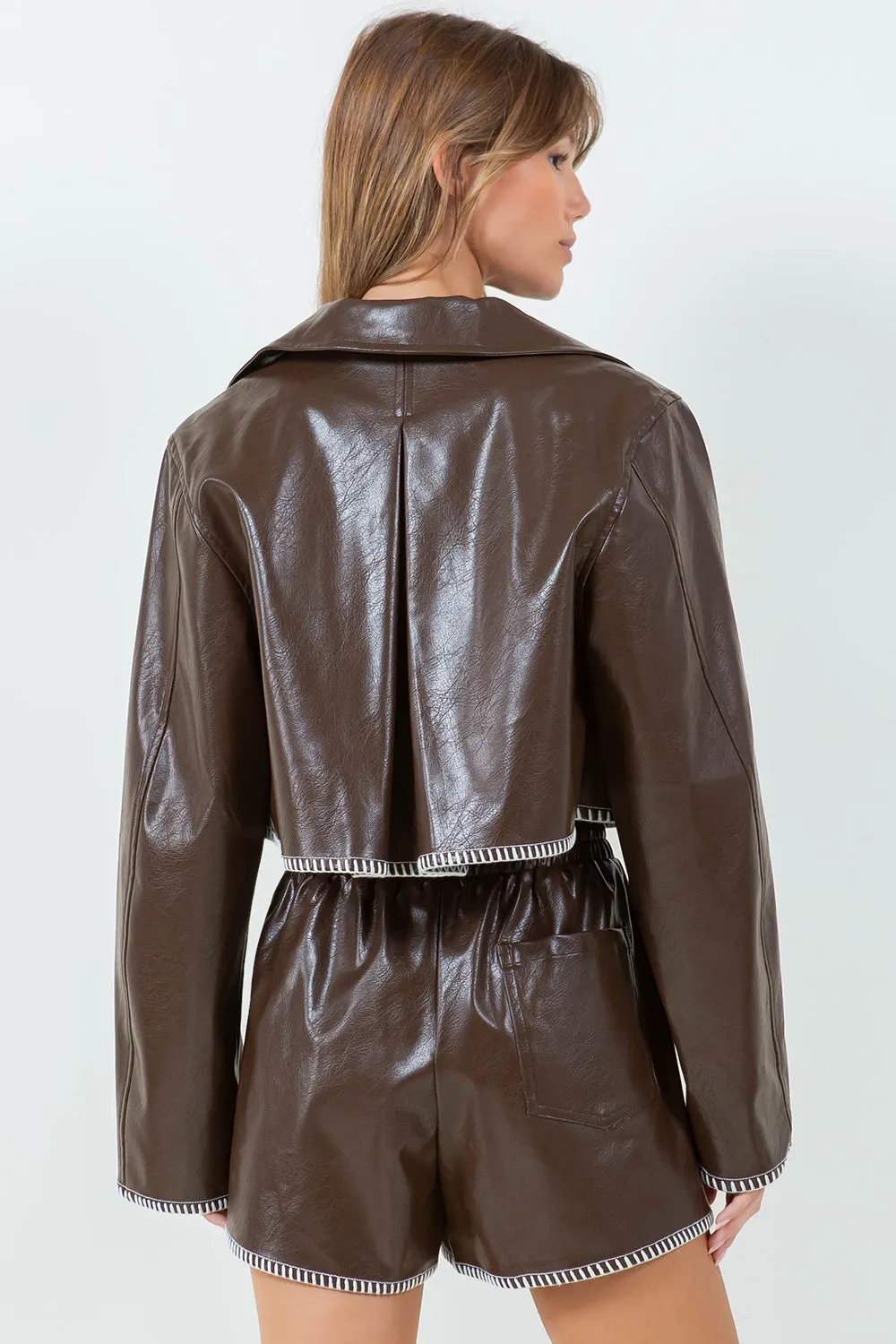 CONTRAST BLANKET STITCHED CROPPED PU LEATHER JACKET - CHOCO BROWN