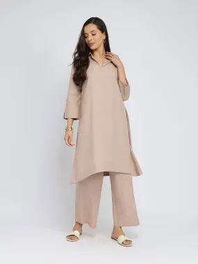 Cotton Solid Asymmetric Co-ord Set - Beige