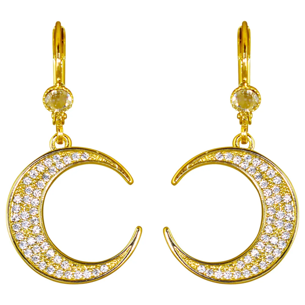 Crescent Moon CZ Leverback Earrings (Goldtone)