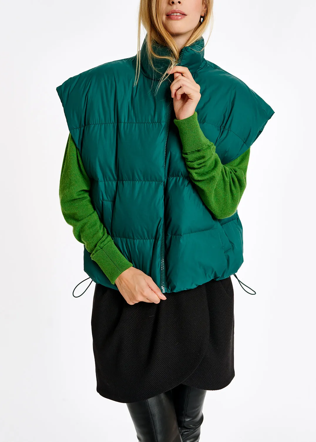 Dark green sleeveless puffer jacket