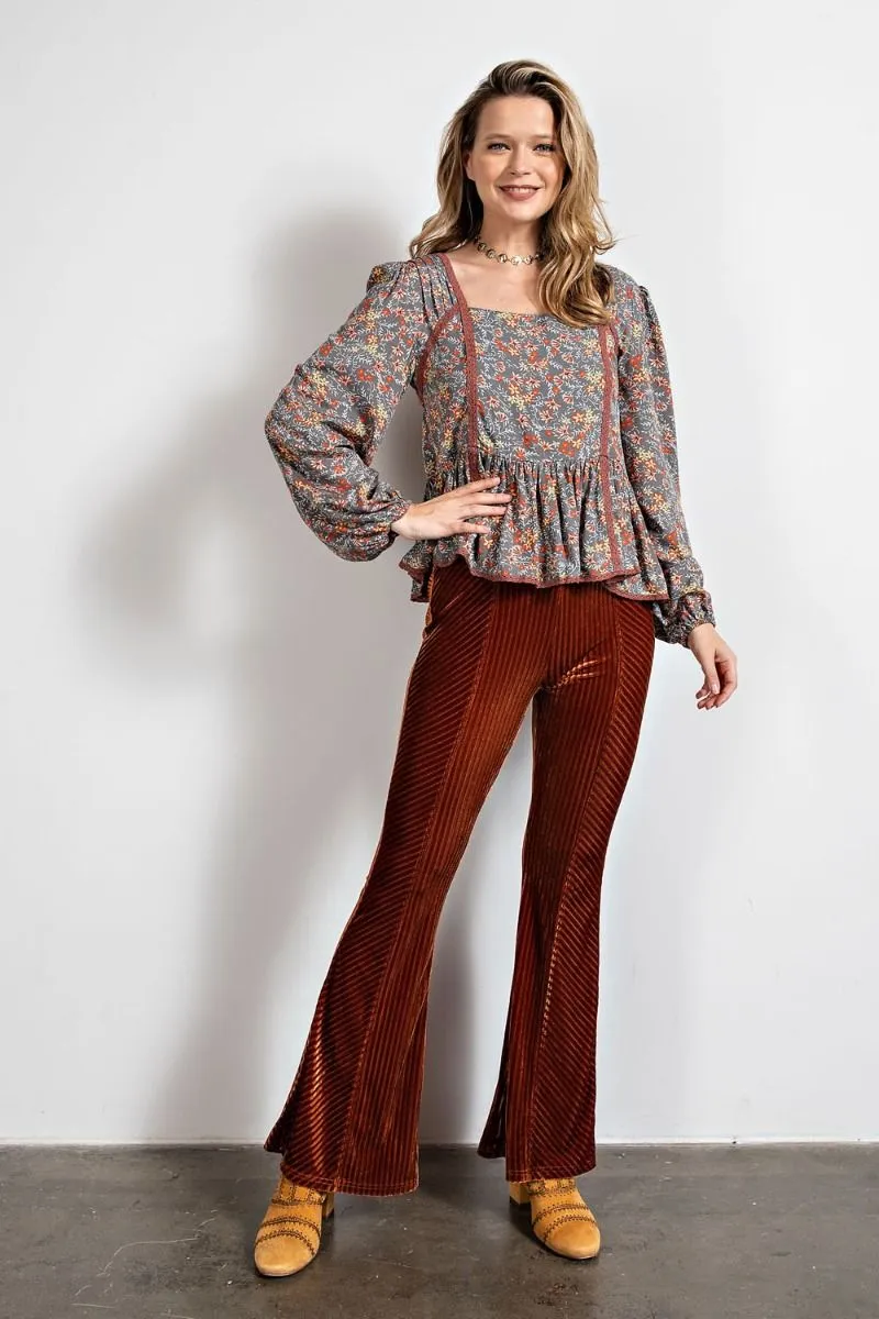 Easel Velvet Surface Velour Bell Bottom Flared Hem Pants by Sensual Fashion Boutique