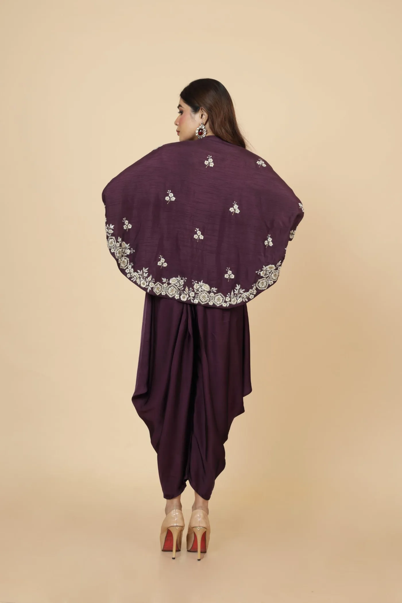 Embroidered  Cape With Crop Top And Dhoti Pant