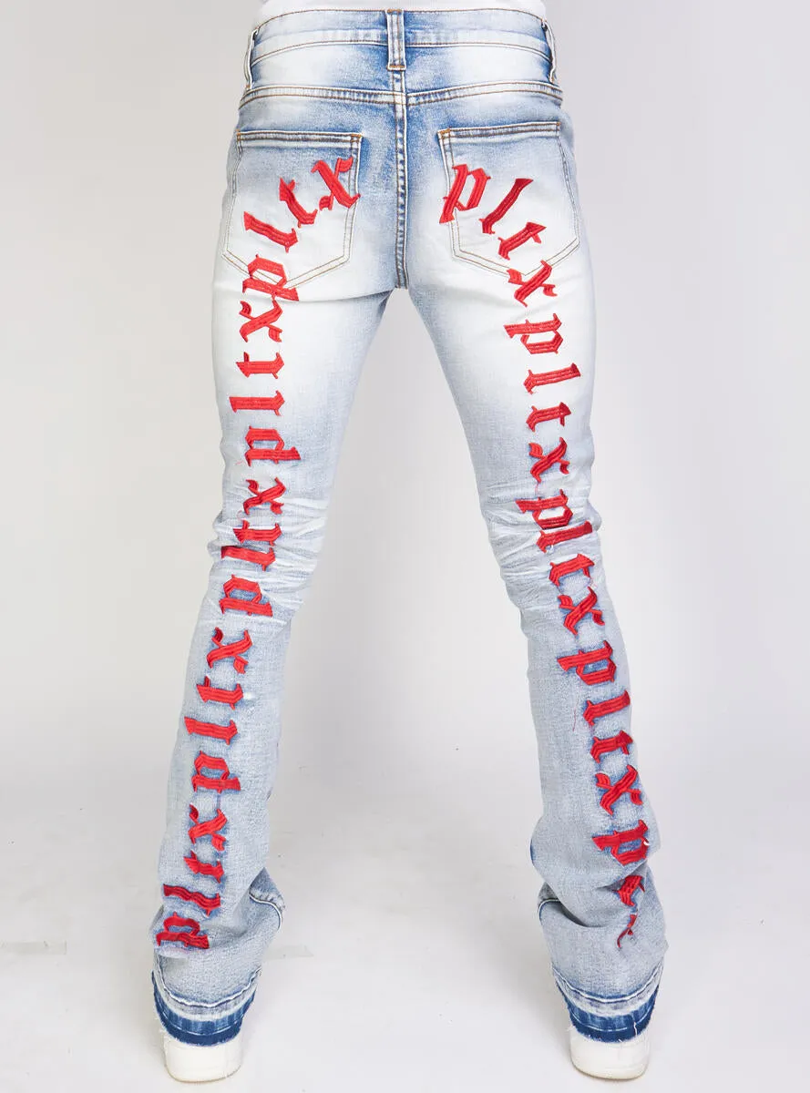 Embroidered Skinny Stacked Distressed Mac Jeans - Blue/Red