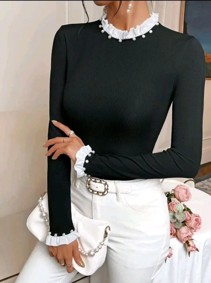 French Contrast Pearl Trim Long Sleeve Ribbed  Top