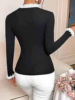 French Contrast Pearl Trim Long Sleeve Ribbed  Top
