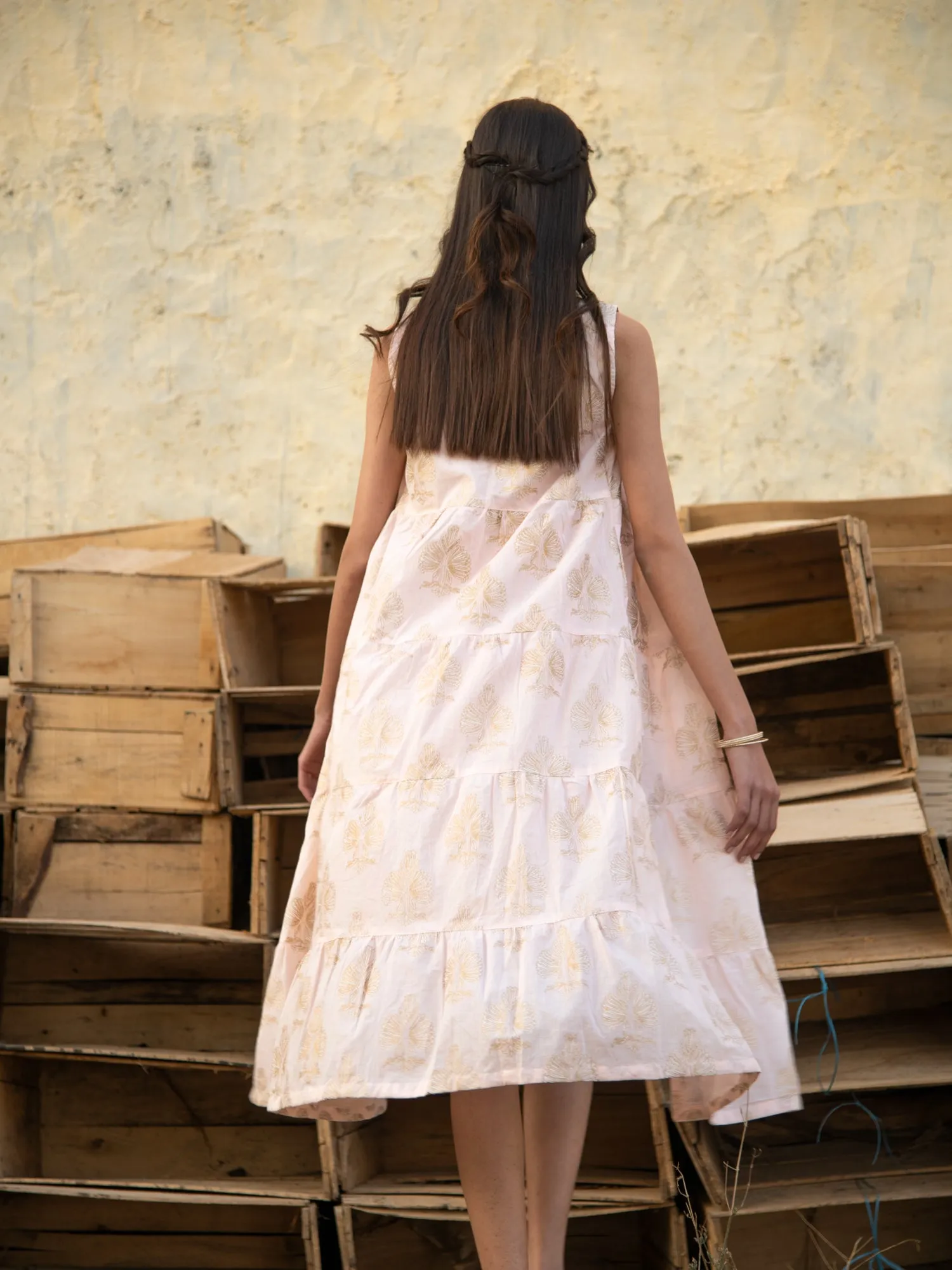 Golden Days Cape Dress - Peach Hand Printed Cotton Cape Dress With Inner