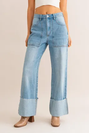 High Waist Wide Leg Cuffed Jeans