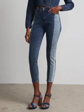 High-Waisted Colorblock Super-Skinny Ankle Jeans - Medium Wash