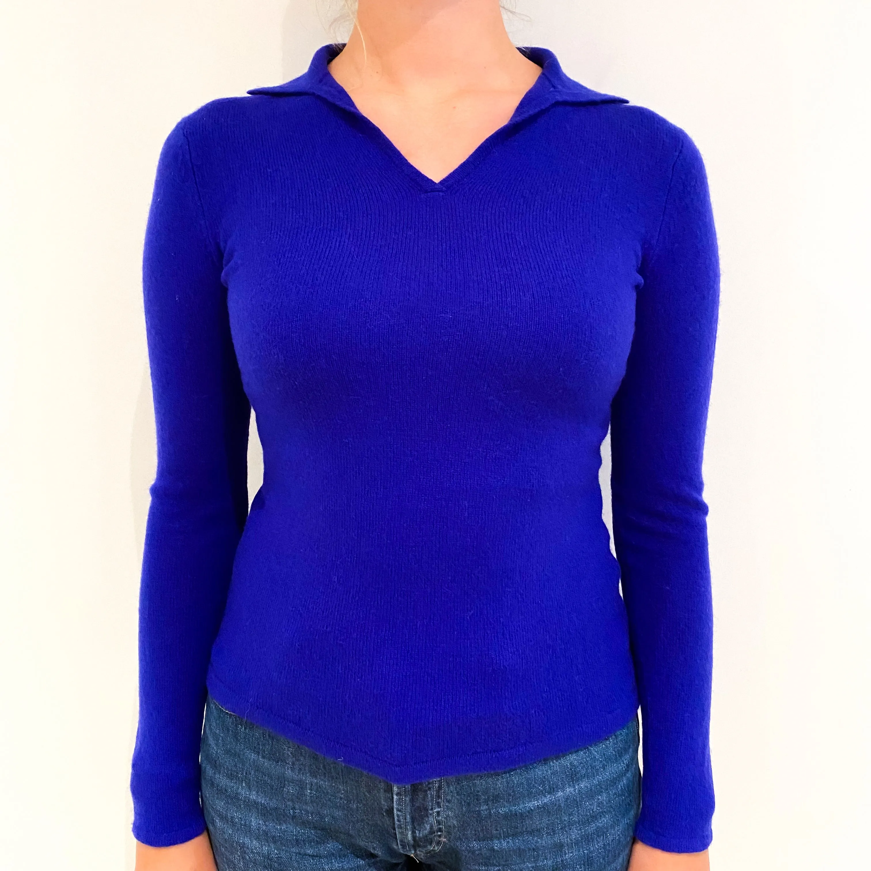 Indigo Blue Collared Cashmere V-Neck Jumper Small