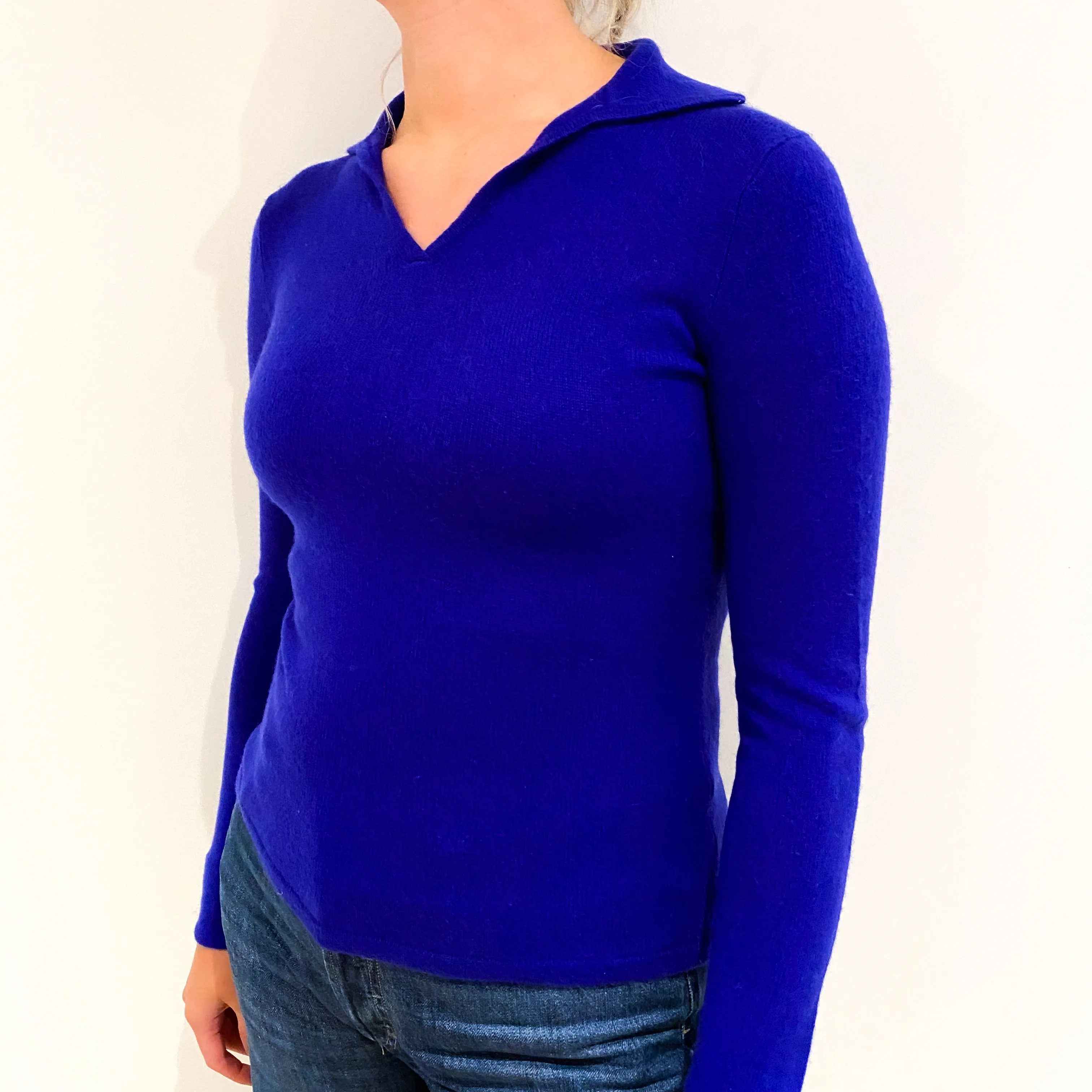 Indigo Blue Collared Cashmere V-Neck Jumper Small