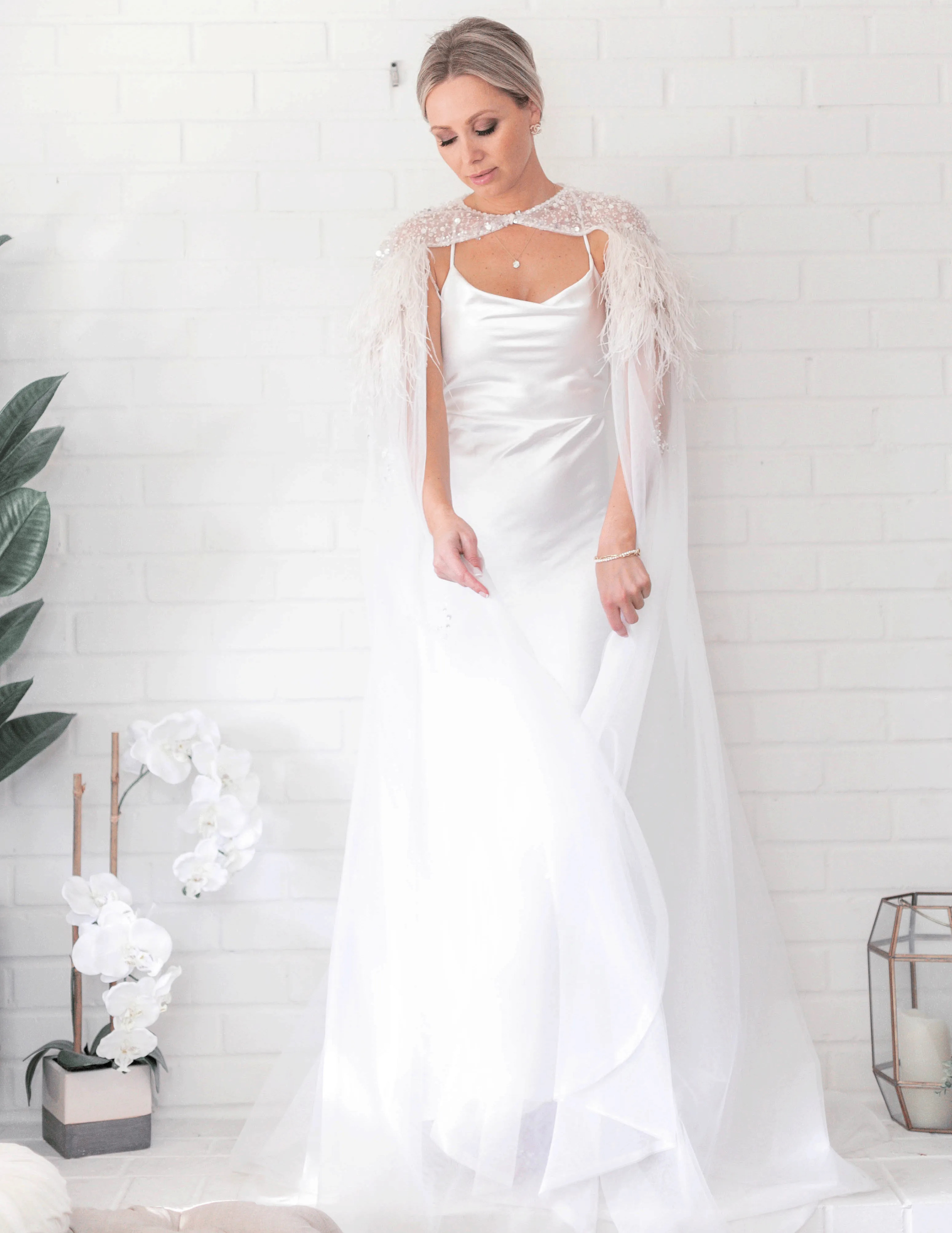 Isabel Feather Cape in Ivory