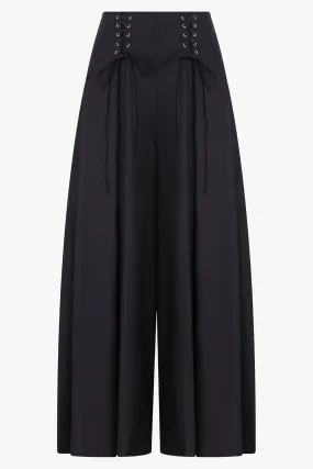 Lace Up Wool Gabardine Wide Leg Pants | Black