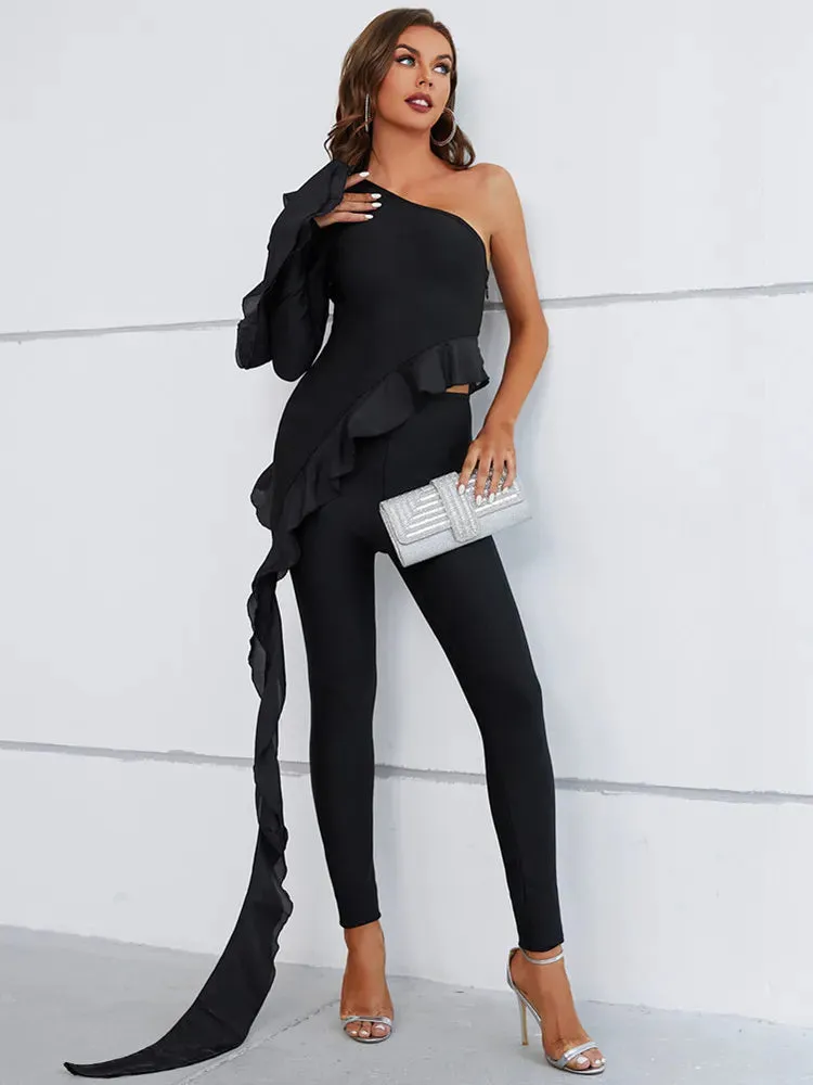 Long Sleeve Black Two Piece Flared Pant Set