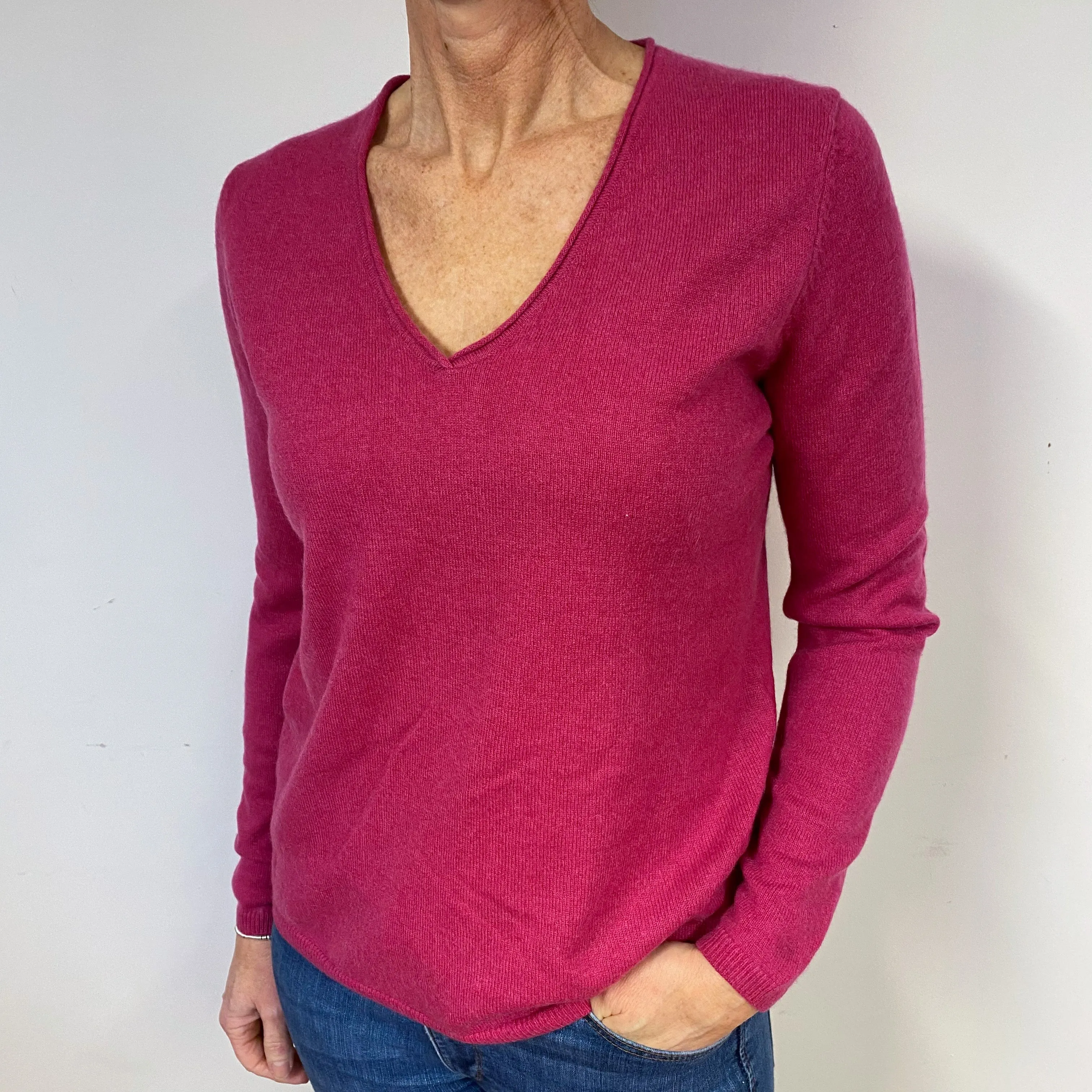 Magenta Pink Cashmere V-Neck Jumper Medium