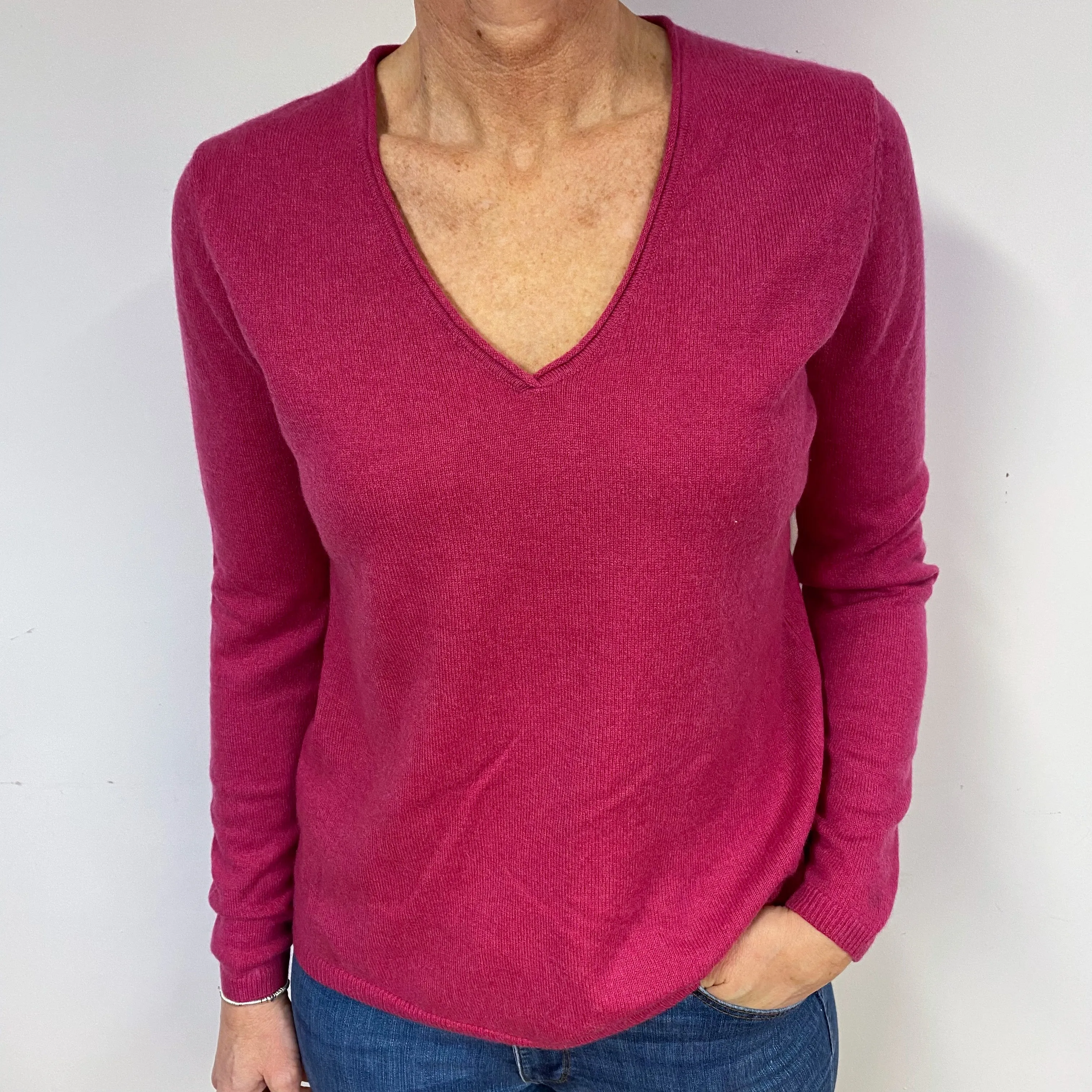Magenta Pink Cashmere V-Neck Jumper Medium