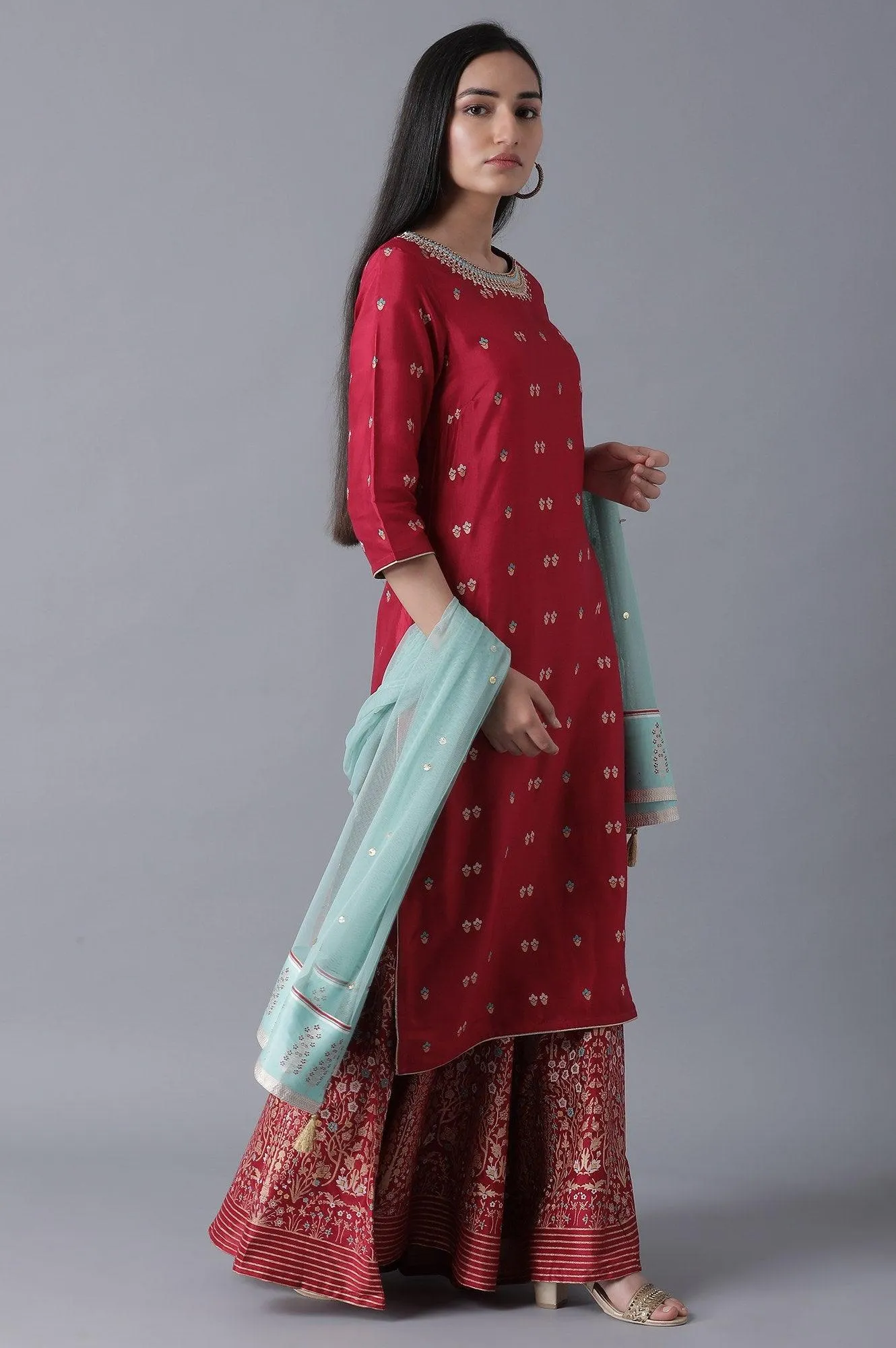 Maroon kurta-Culottes-Drape Set
