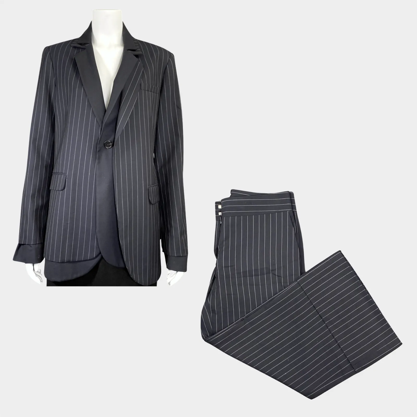 Monse women's navy striped wool suit set of oversized jacket and cropped wide-length trousers