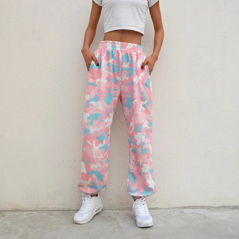 New Women Camouflage Print Trousers Loose Harem Camo Pants Spring High Waist Casual Joggers Elastic Sweatpants