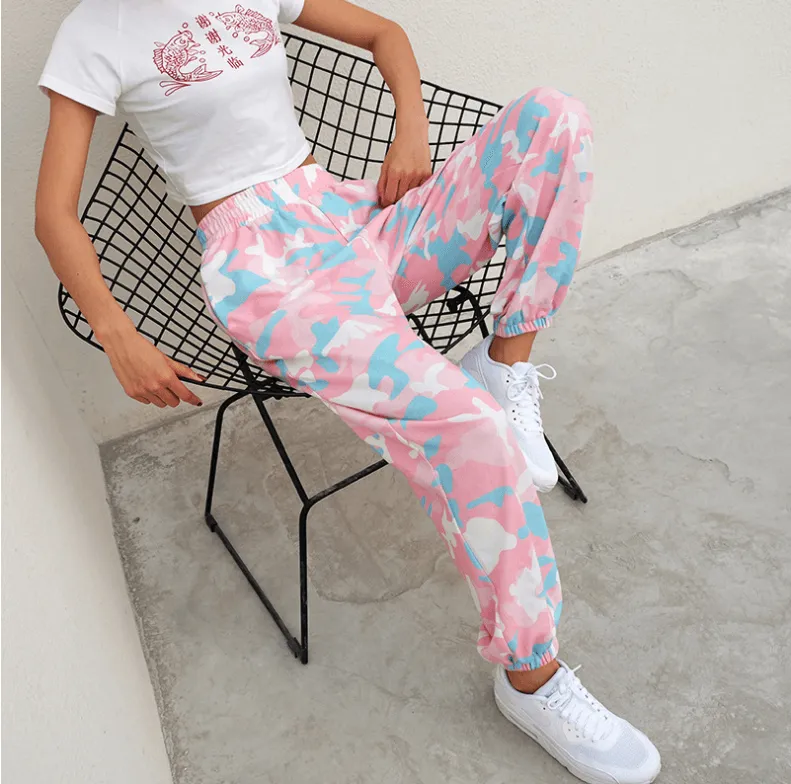 New Women Camouflage Print Trousers Loose Harem Camo Pants Spring High Waist Casual Joggers Elastic Sweatpants