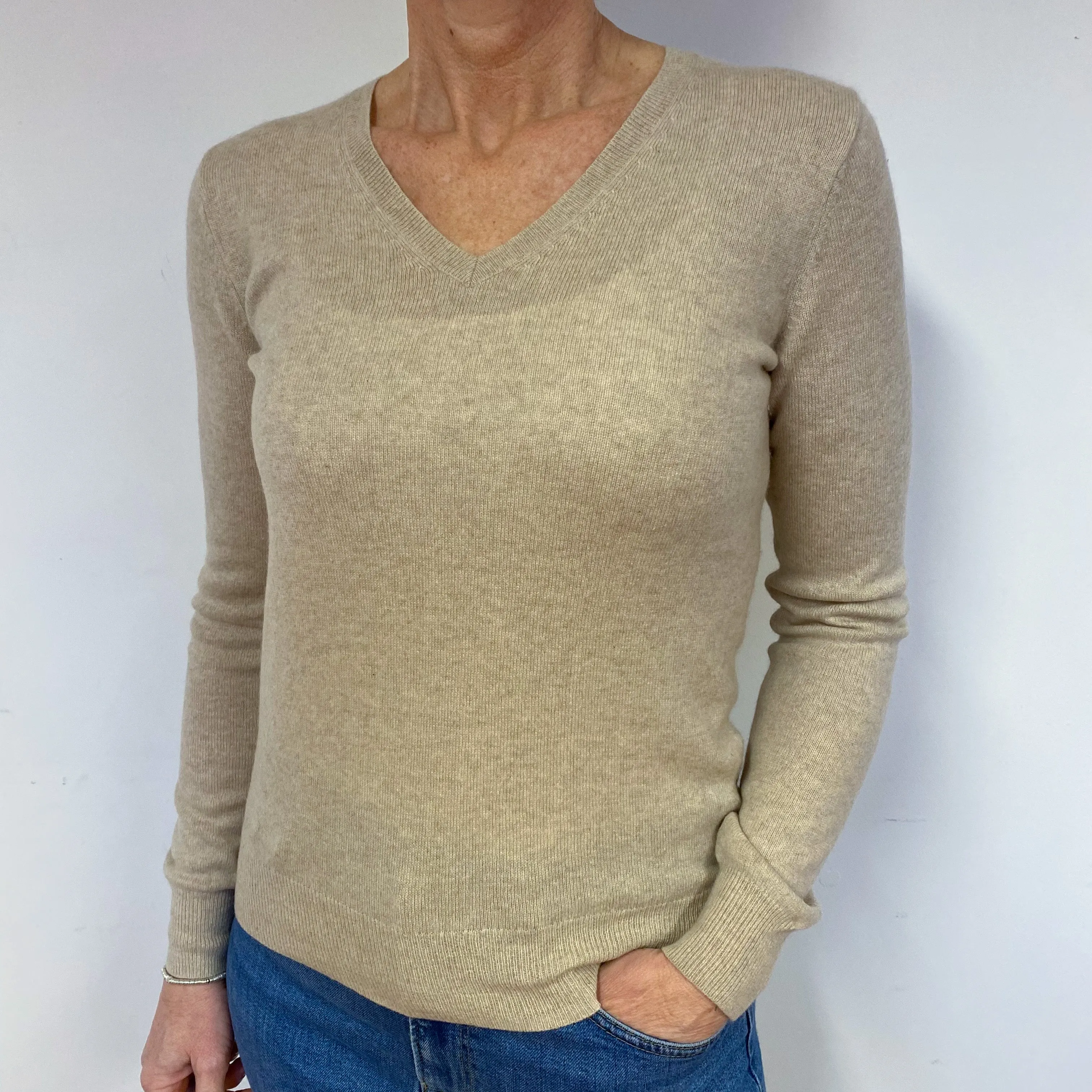 Oatmeal Beige Cashmere V-Neck Jumper Medium