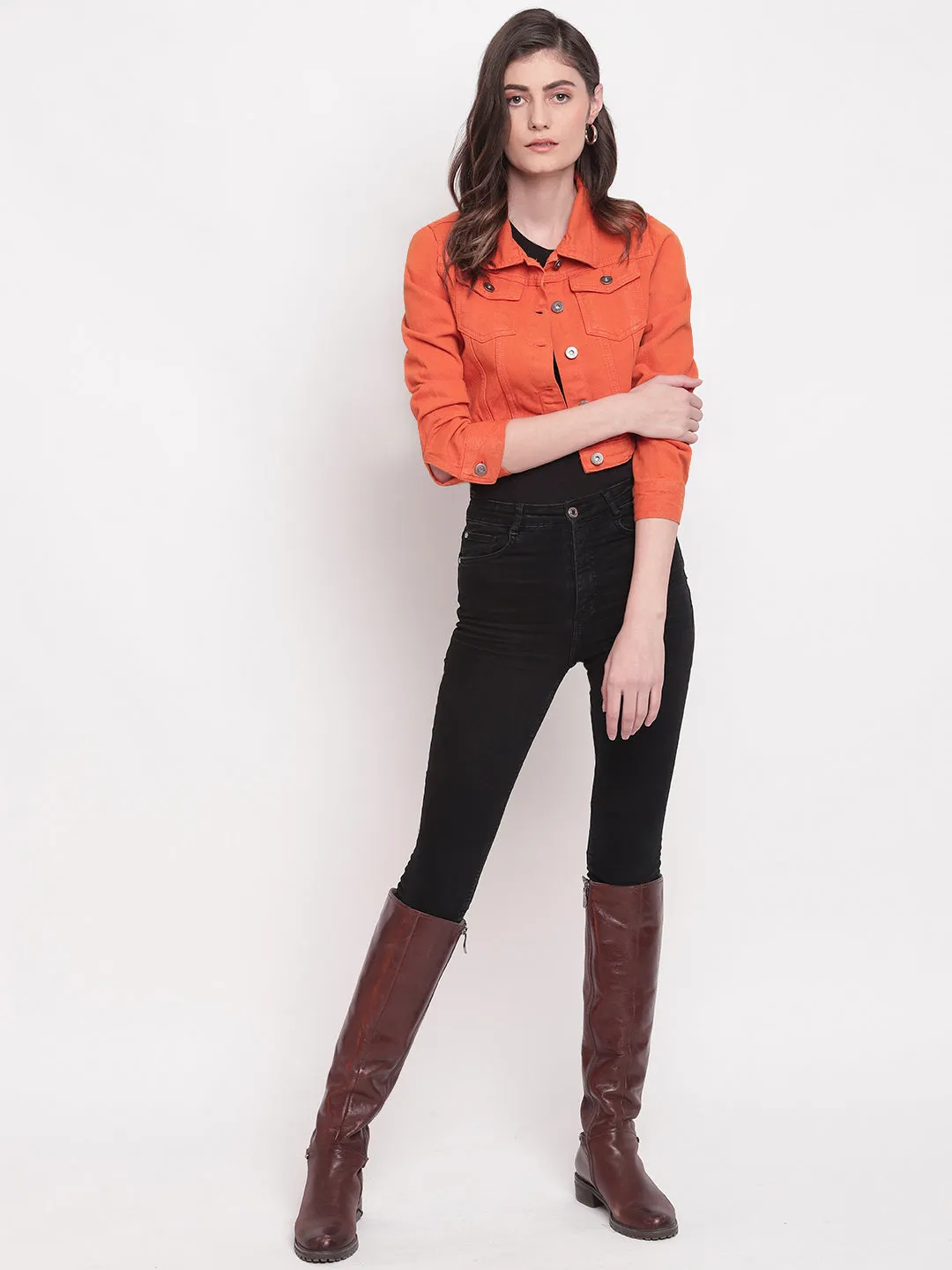Orange Cropped Denim Jacket