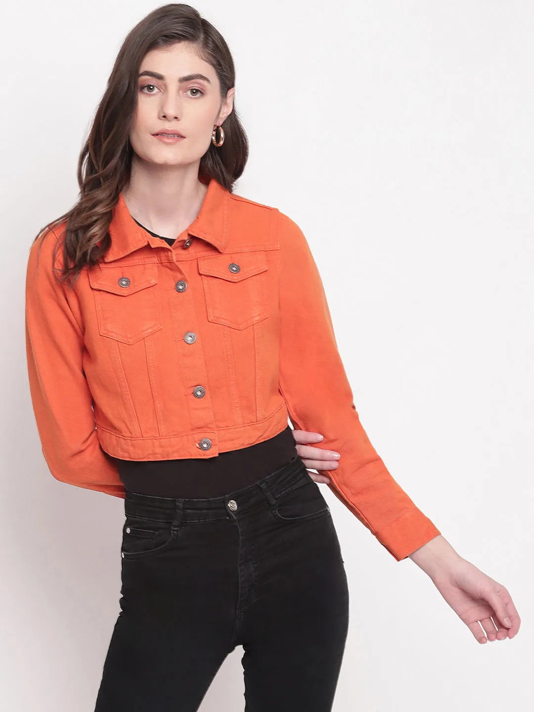 Orange Cropped Denim Jacket