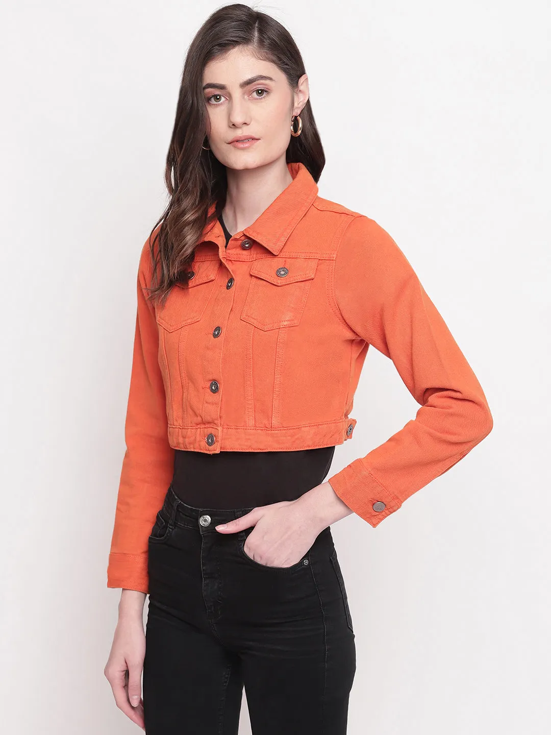 Orange Cropped Denim Jacket