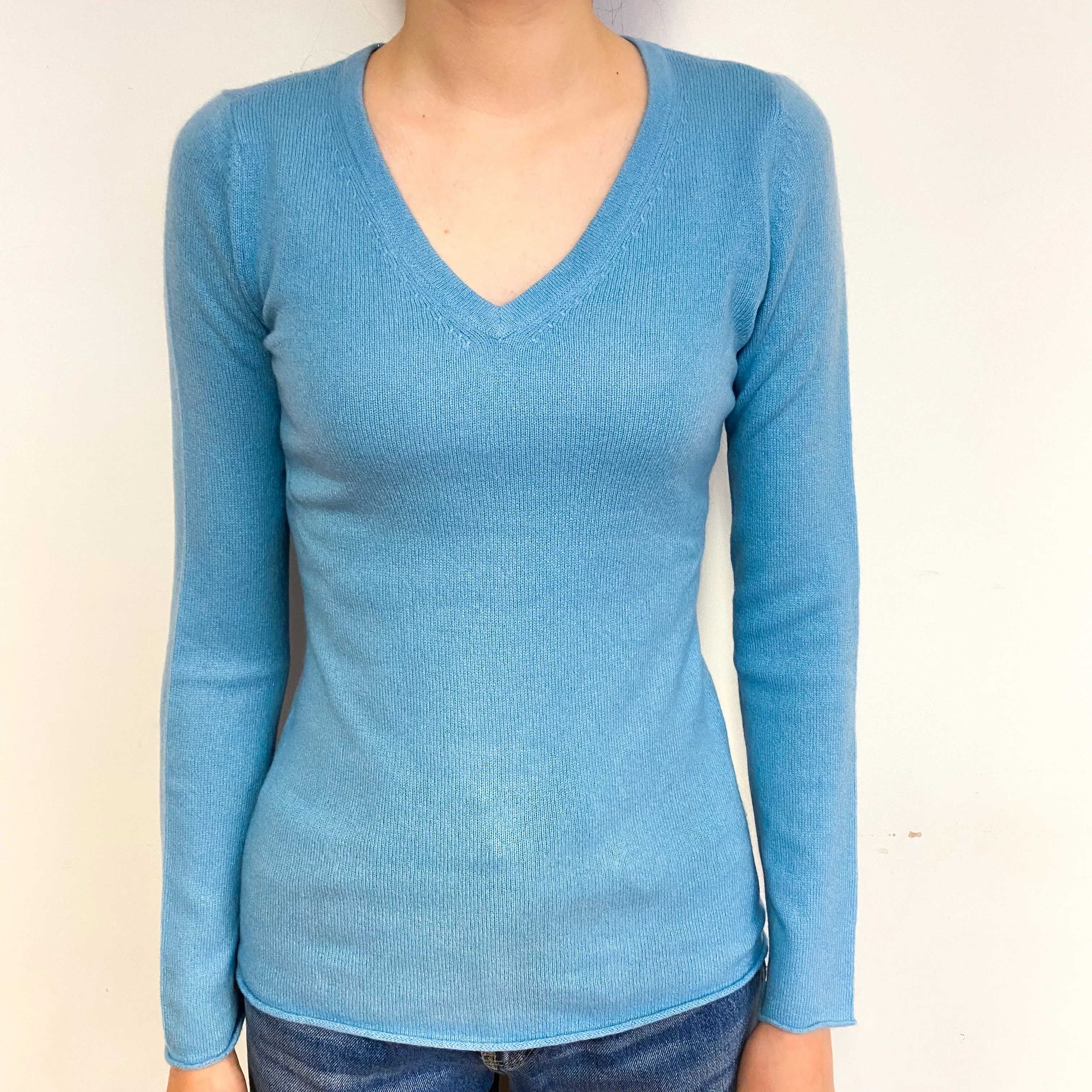 Pale Aqua Blue Cashmere V-Neck Jumper Extra Small