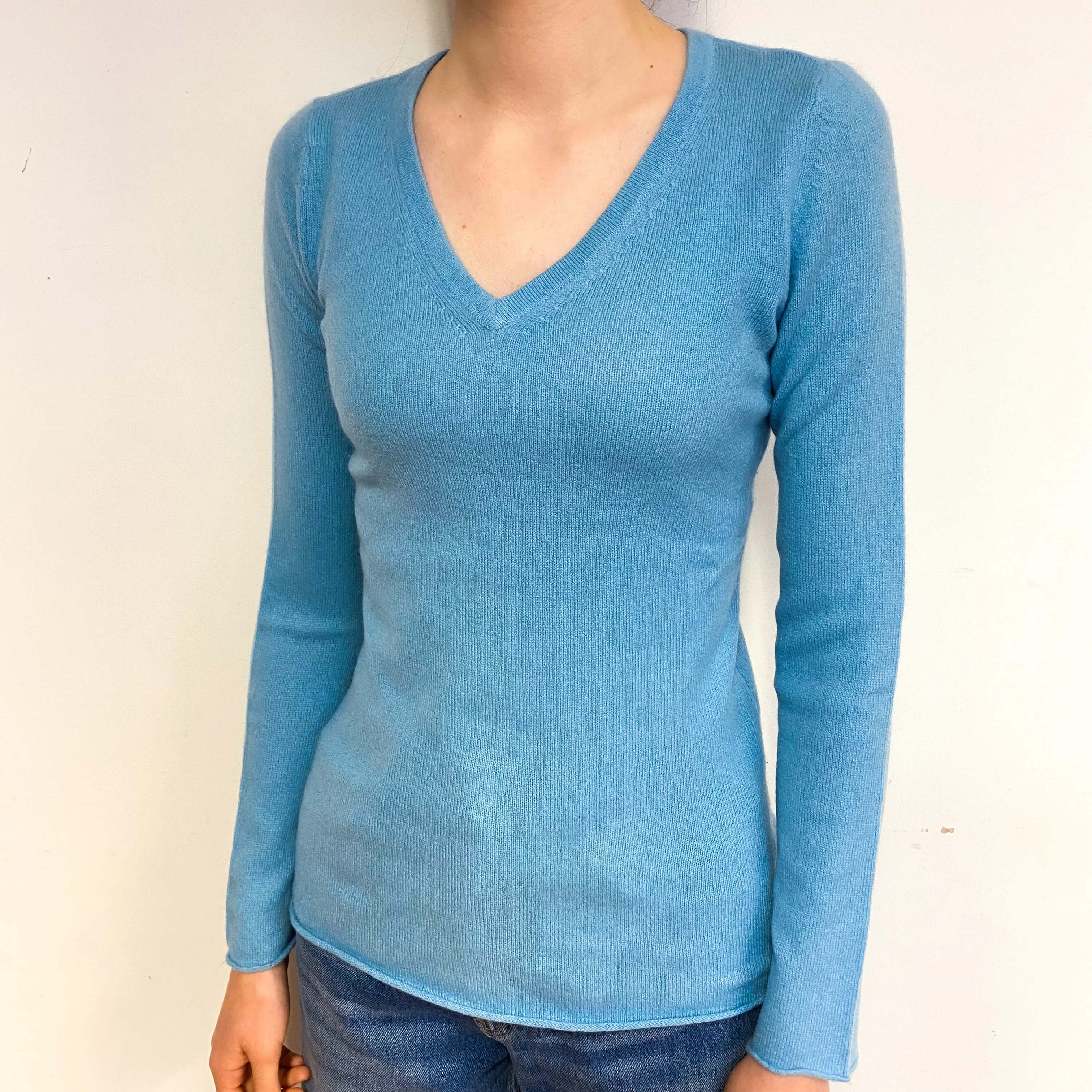 Pale Aqua Blue Cashmere V-Neck Jumper Extra Small