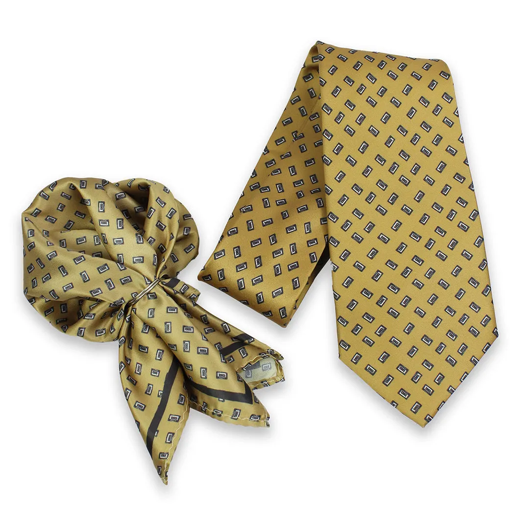 Peluche Monochrome Mosaic Brown Broad Neck Tie & Pocket Square Set for Men