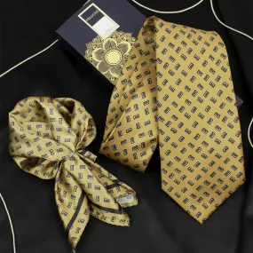 Peluche Monochrome Mosaic Brown Broad Neck Tie & Pocket Square Set for Men
