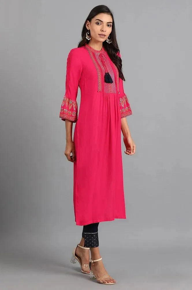 Pink Mandarin Neck Tie-up kurta