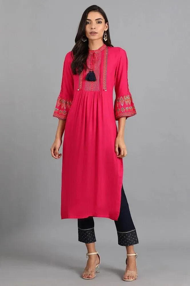 Pink Mandarin Neck Tie-up kurta