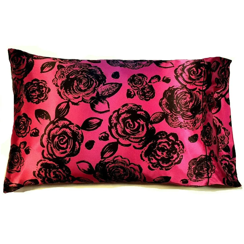 Pink with Black Roses Bedroom Pillow. Romantic Luxury Bedding.