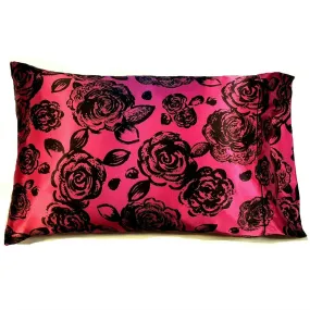 Pink with Black Roses Bedroom Pillow. Romantic Luxury Bedding.
