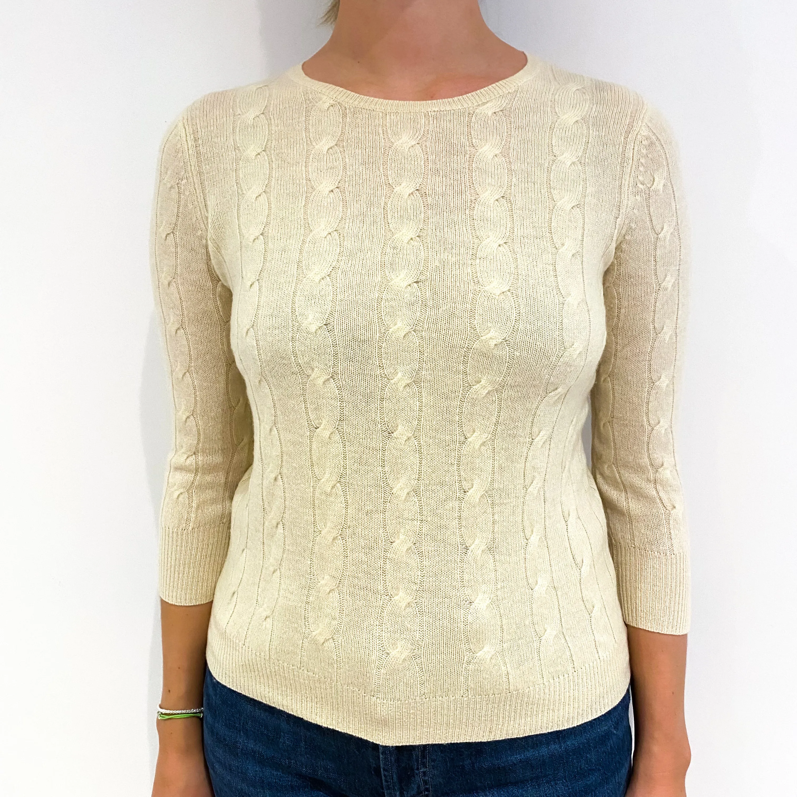 Primrose Yellow Cable Cashmere Crew Neck Jumper Small