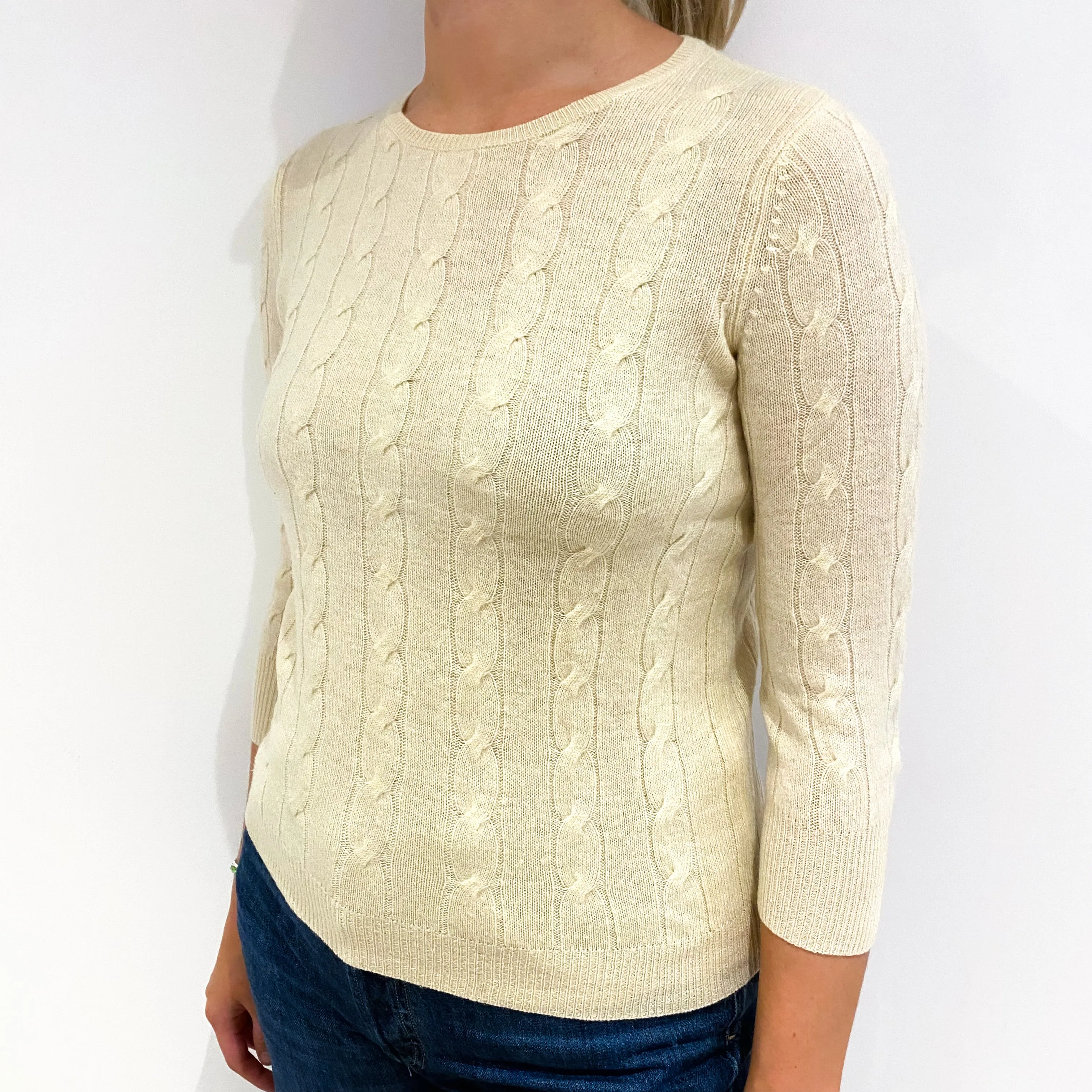 Primrose Yellow Cable Cashmere Crew Neck Jumper Small